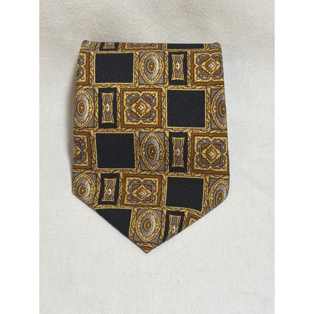 Monsieur Givenchy Silk Tie Mens Black Gold Grey Geometric Mosaic Made in USA